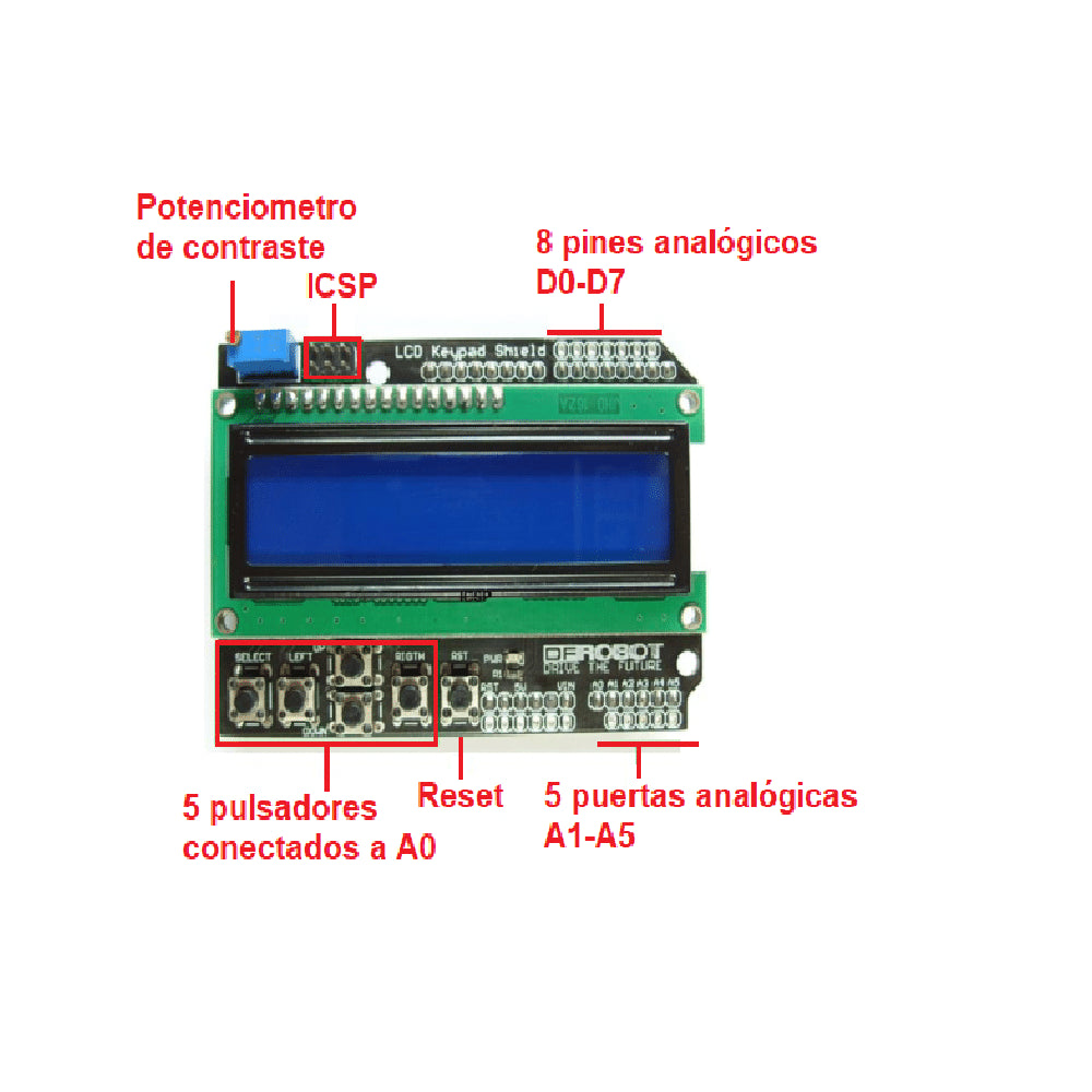 Shield LCD Keypad 16×02 para Arduino - 5 Botones